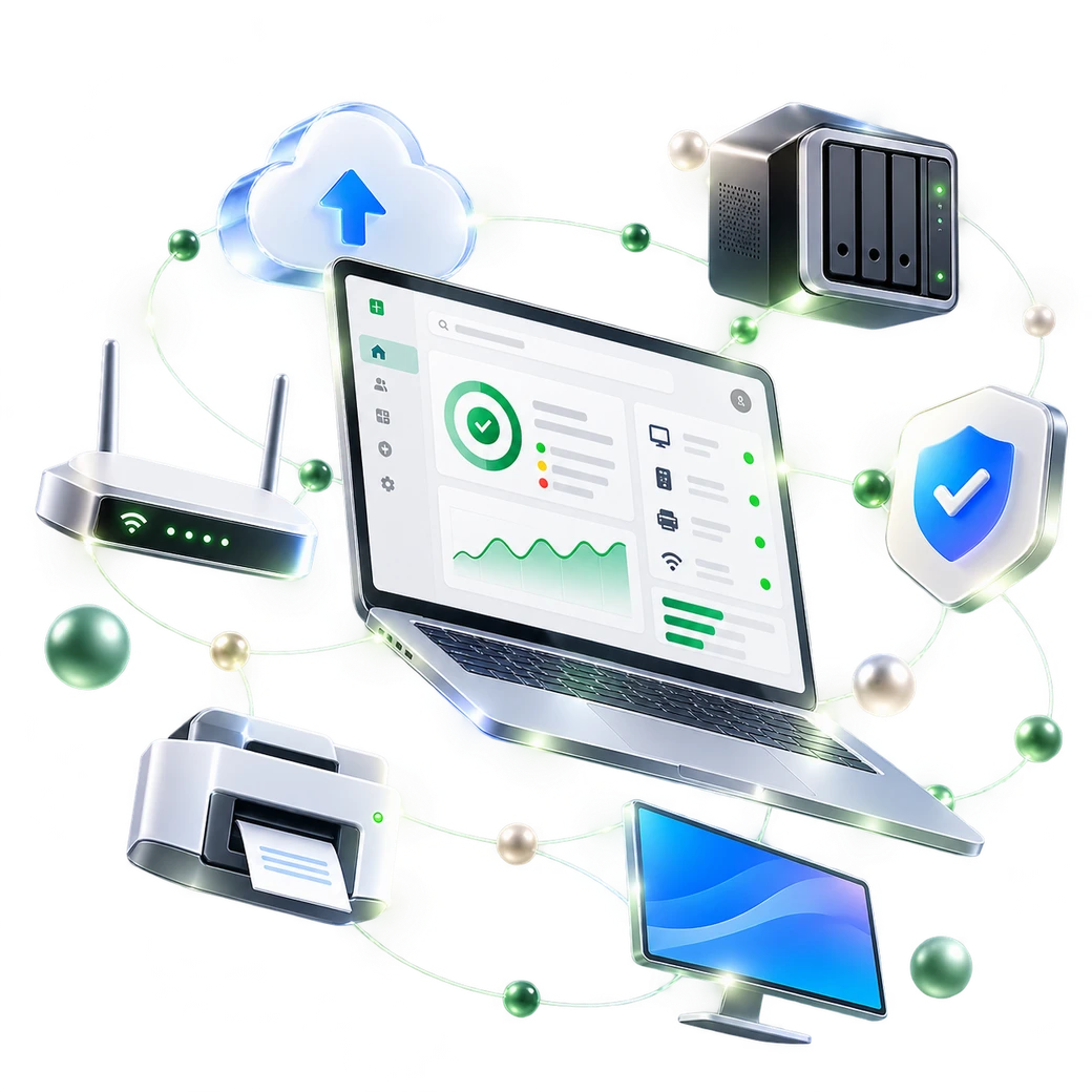 Illustration d’un ordinateur relié à des équipements réseau, au cloud et à des outils de sécurité.