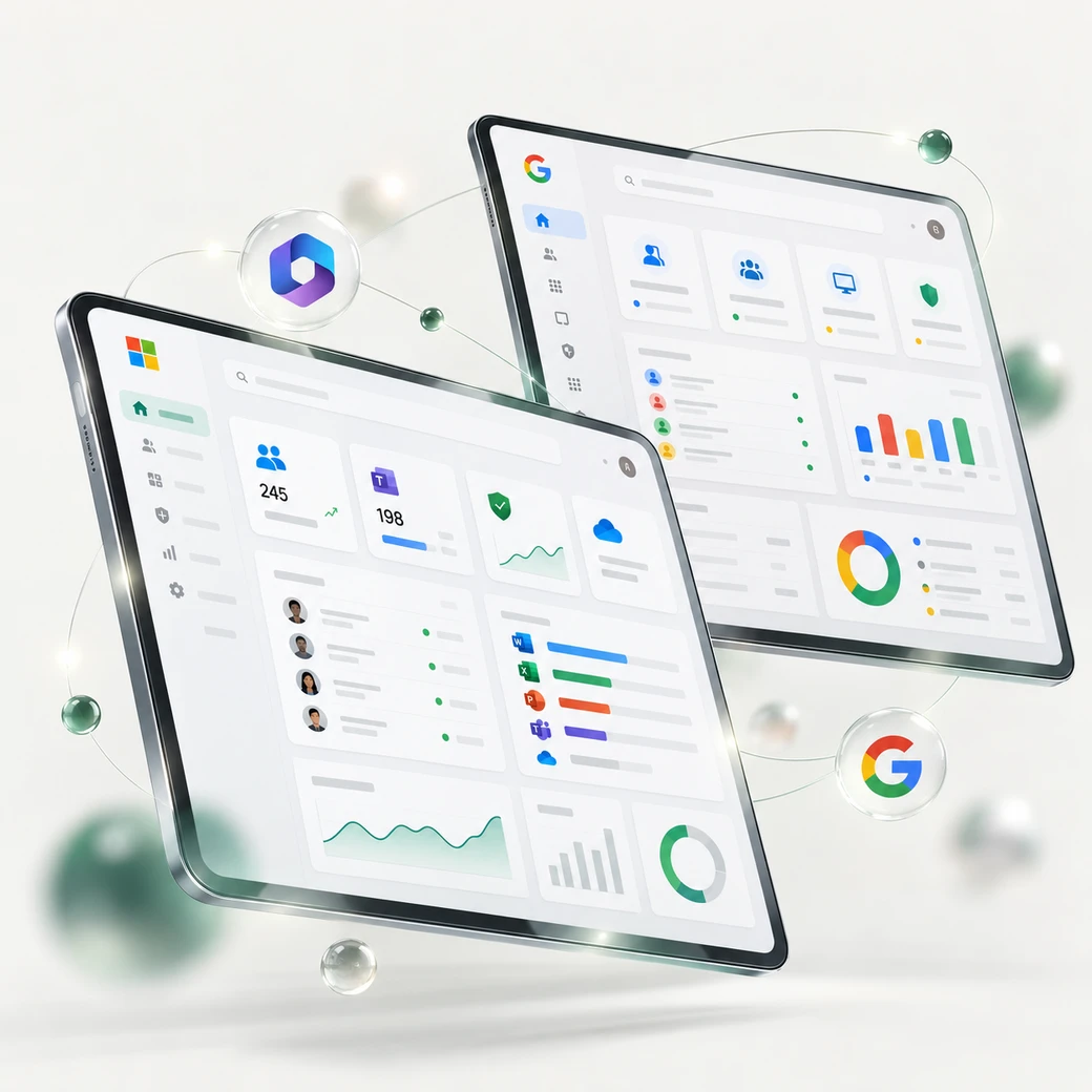 Illustration de tableaux de bord Microsoft 365 et Google Workspace.
